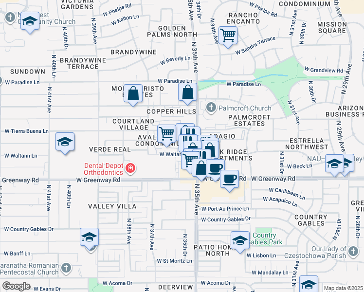 map of restaurants, bars, coffee shops, grocery stores, and more near 3535 West Tierra Buena Lane in Phoenix