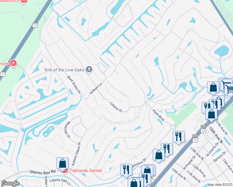 map of restaurants, bars, coffee shops, grocery stores, and more near 1841 Fairway Ridge Drive in Surfside Beach