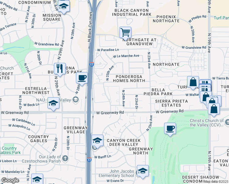 map of restaurants, bars, coffee shops, grocery stores, and more near 15449 North 25th Avenue in Phoenix