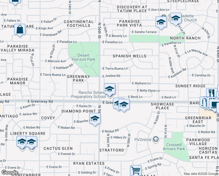 map of restaurants, bars, coffee shops, grocery stores, and more near 5656 East Greenway Road in Scottsdale