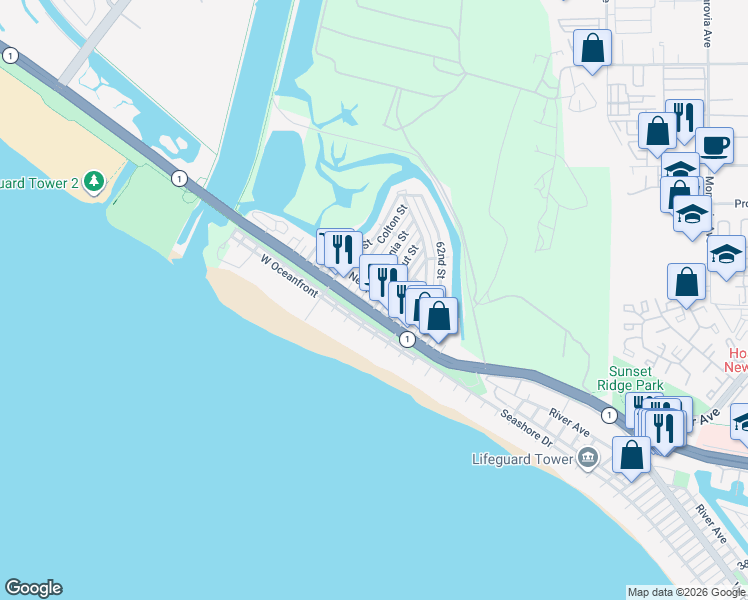 map of restaurants, bars, coffee shops, grocery stores, and more near 207 Walnut Street in Newport Beach