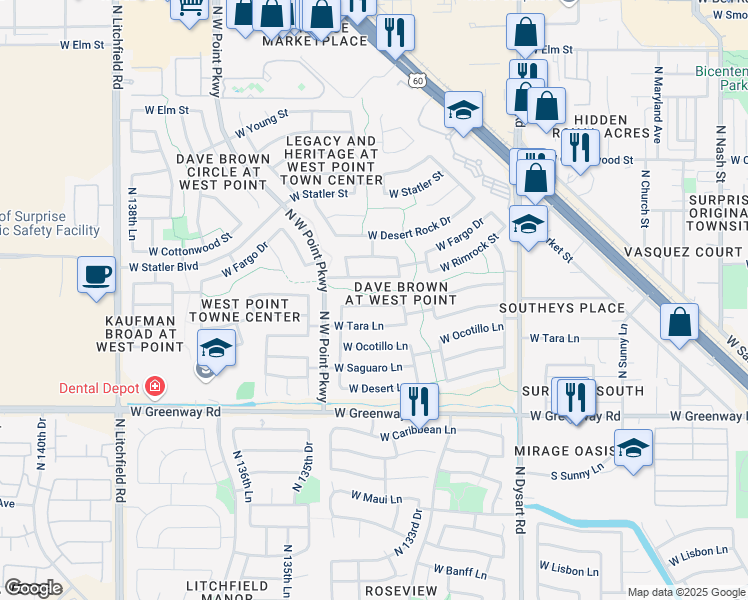 map of restaurants, bars, coffee shops, grocery stores, and more near 13390 West Ironwood Street in Surprise