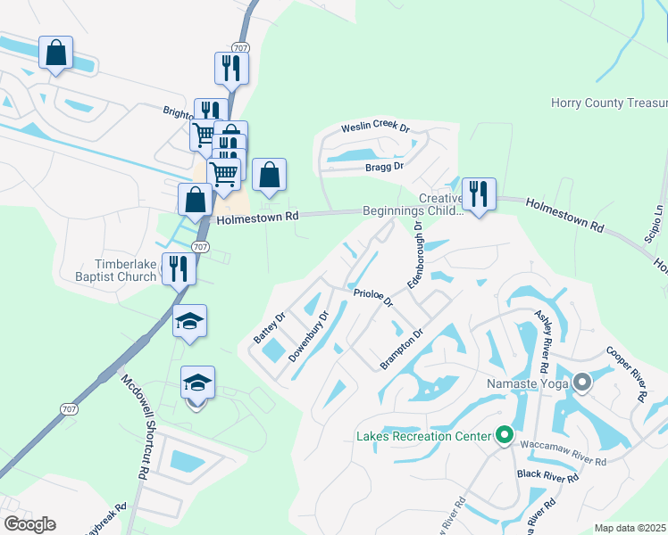 map of restaurants, bars, coffee shops, grocery stores, and more near 411 Prioloe Drive in Myrtle Beach