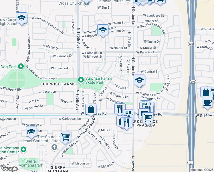 map of restaurants, bars, coffee shops, grocery stores, and more near 18063 West Surprise Farms Loop South in Surprise
