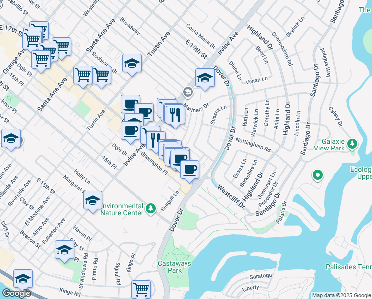 map of restaurants, bars, coffee shops, grocery stores, and more near 1728 Bedford Lane in Newport Beach