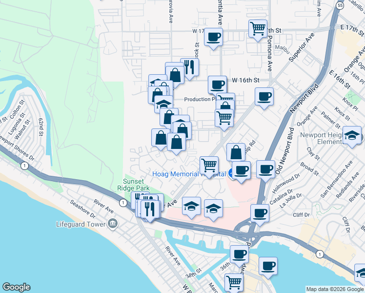 map of restaurants, bars, coffee shops, grocery stores, and more near 8 Mojo Court in Newport Beach