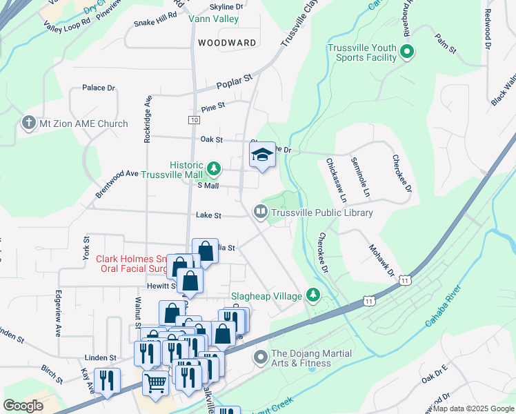 map of restaurants, bars, coffee shops, grocery stores, and more near 301 Parkway Drive in Trussville