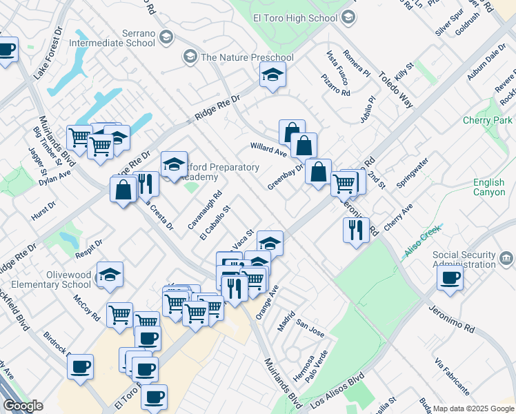 map of restaurants, bars, coffee shops, grocery stores, and more near 24841 Calle El Toro Grande in Lake Forest