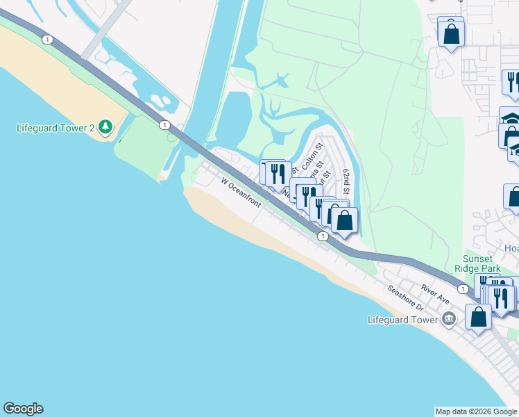 map of restaurants, bars, coffee shops, grocery stores, and more near 6608 West Oceanfront in Newport Beach