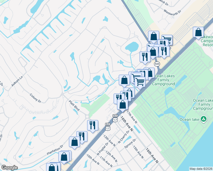 map of restaurants, bars, coffee shops, grocery stores, and more near 215 Pacific Commons Drive in Surfside Beach