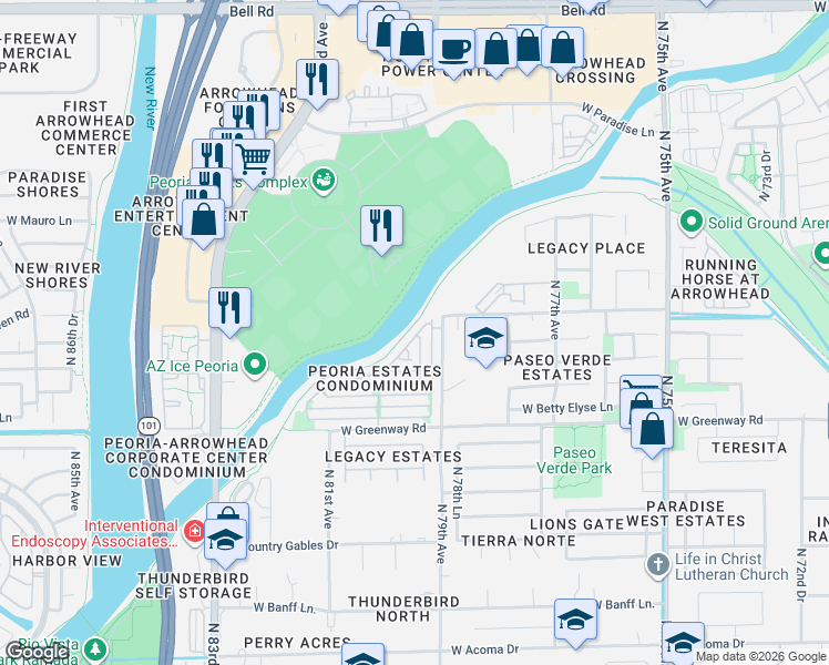 map of restaurants, bars, coffee shops, grocery stores, and more near 15723 North 79th Glen in Peoria