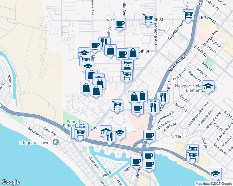 map of restaurants, bars, coffee shops, grocery stores, and more near 1455 Superior Avenue in Newport Beach
