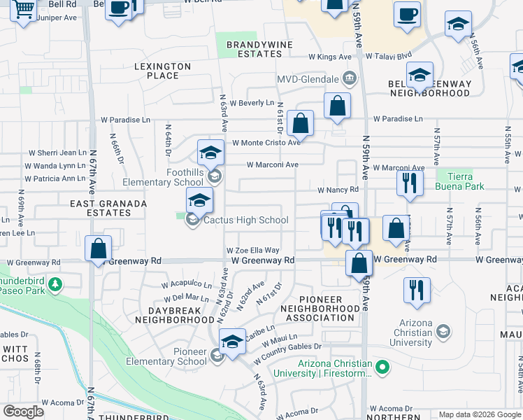 map of restaurants, bars, coffee shops, grocery stores, and more near 6205 West Mary Jane Lane in Glendale