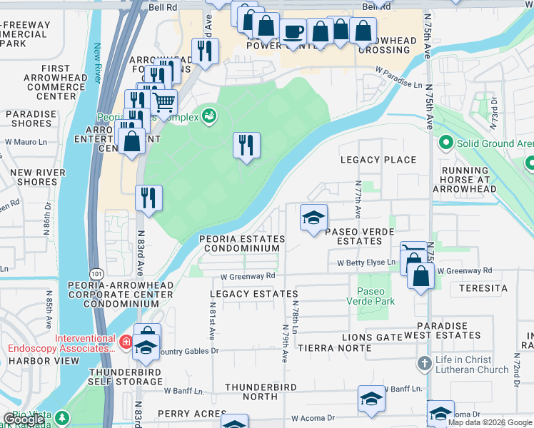 map of restaurants, bars, coffee shops, grocery stores, and more near 15723 North 79th Glen in Peoria