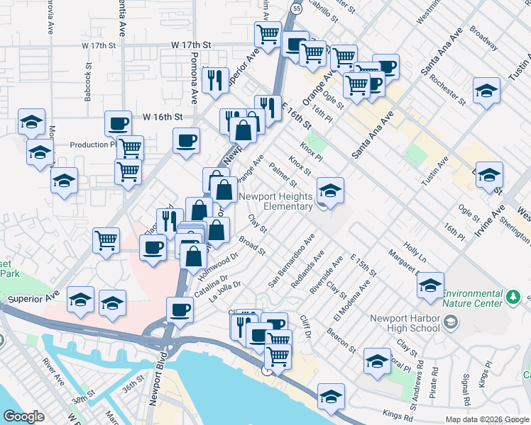 map of restaurants, bars, coffee shops, grocery stores, and more near 478 Westminster Avenue in Newport Beach