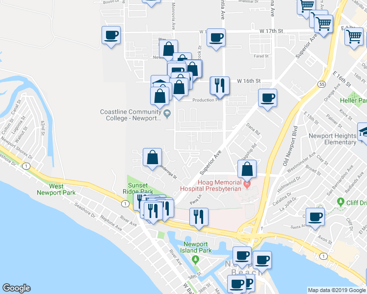 map of restaurants, bars, coffee shops, grocery stores, and more near 8 Mojo Court in Newport Beach