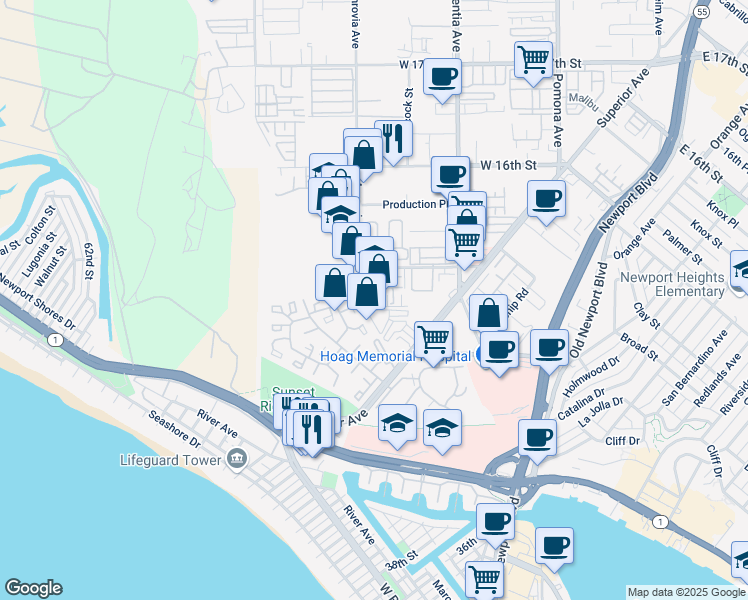 map of restaurants, bars, coffee shops, grocery stores, and more near 8 Mojo Court in Newport Beach