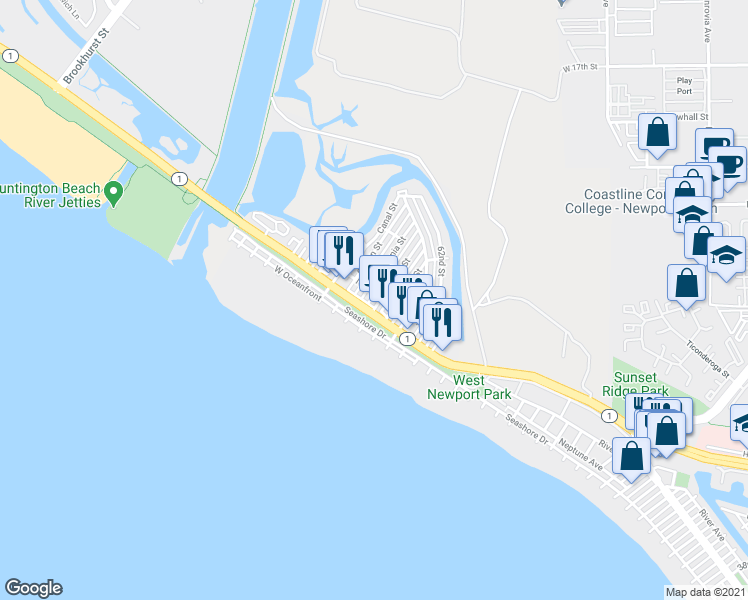 map of restaurants, bars, coffee shops, grocery stores, and more near 5626 Seashore Drive in Newport Beach