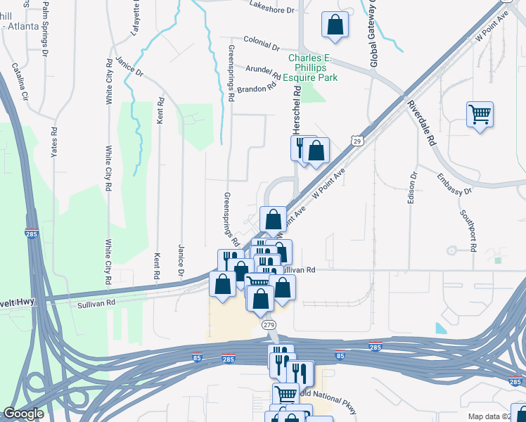 map of restaurants, bars, coffee shops, grocery stores, and more near 2546-2630 Roosevelt Highway in College Park