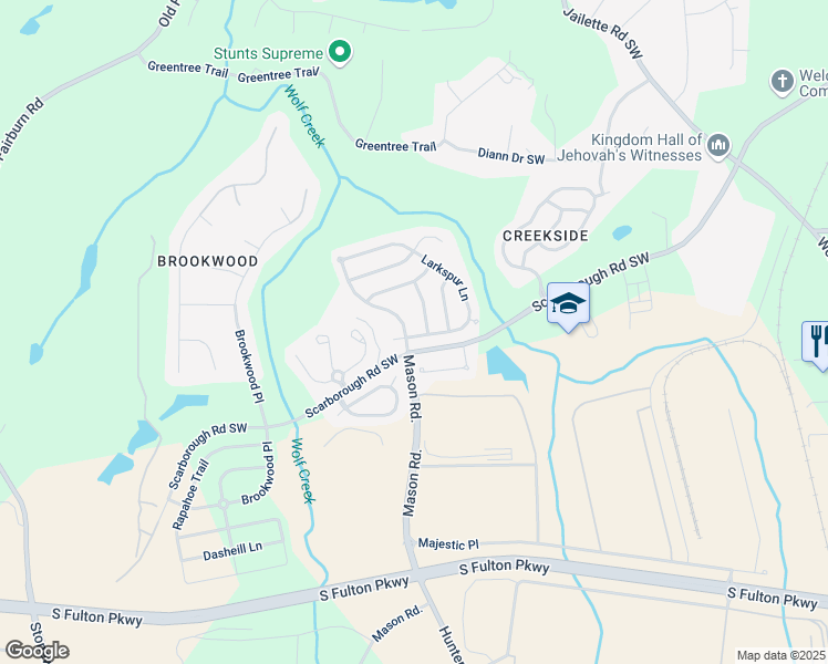 map of restaurants, bars, coffee shops, grocery stores, and more near 4874 Larkspur Lane in Atlanta