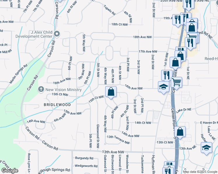 map of restaurants, bars, coffee shops, grocery stores, and more near 442 15th Terrace Northwest in Center Point