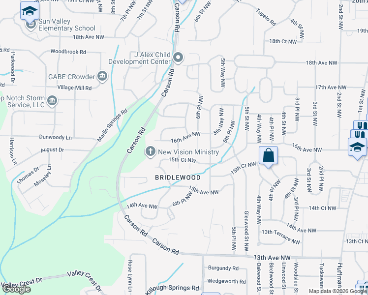 map of restaurants, bars, coffee shops, grocery stores, and more near 624 15th Court Northwest in Center Point