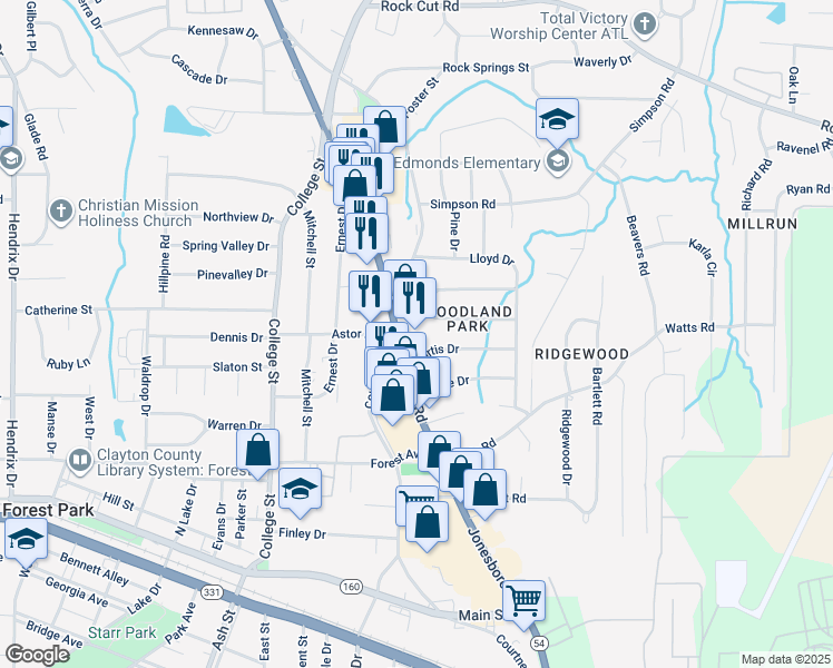 map of restaurants, bars, coffee shops, grocery stores, and more near 4601-4699 State Route 160 in Forest Park