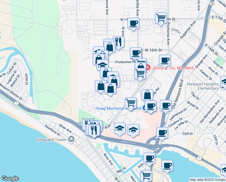 map of restaurants, bars, coffee shops, grocery stores, and more near 850 Halyard in Newport Beach