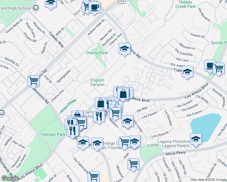 map of restaurants, bars, coffee shops, grocery stores, and more near 25861 Via Pera in Mission Viejo
