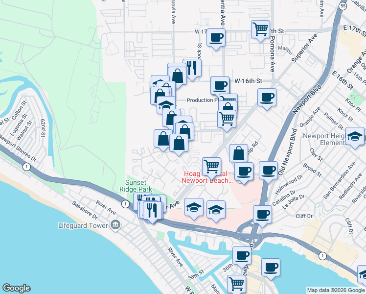 map of restaurants, bars, coffee shops, grocery stores, and more near 884 Halyard in Newport Beach