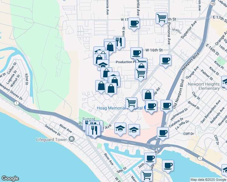 map of restaurants, bars, coffee shops, grocery stores, and more near 8 Mojo Court in Newport Beach