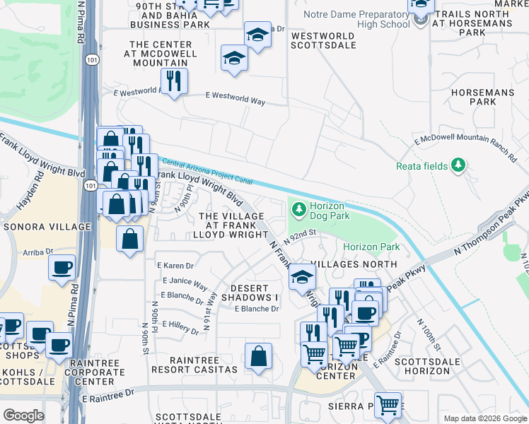 map of restaurants, bars, coffee shops, grocery stores, and more near 15555 North Frank Lloyd Wright Boulevard in Scottsdale