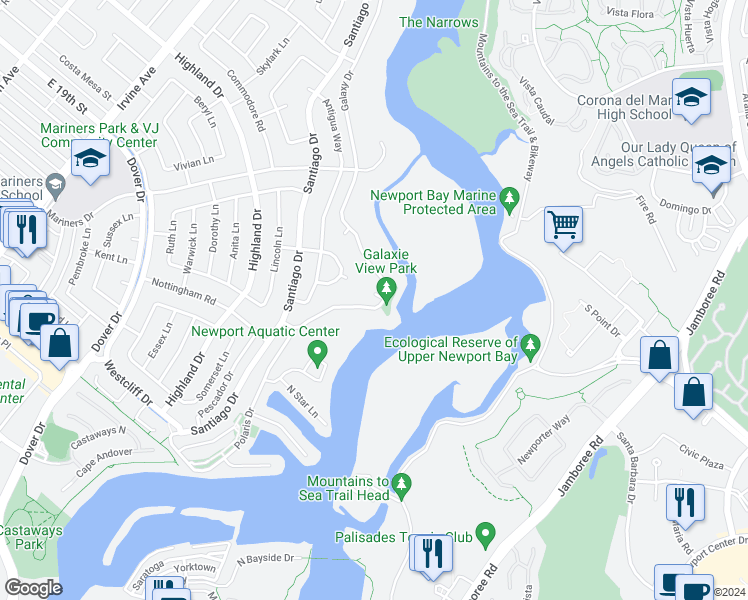 map of restaurants, bars, coffee shops, grocery stores, and more near 1399 Galaxy Drive in Newport Beach