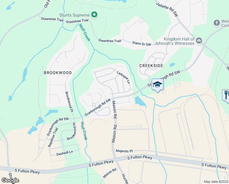 map of restaurants, bars, coffee shops, grocery stores, and more near 4874 Larkspur Lane in Atlanta