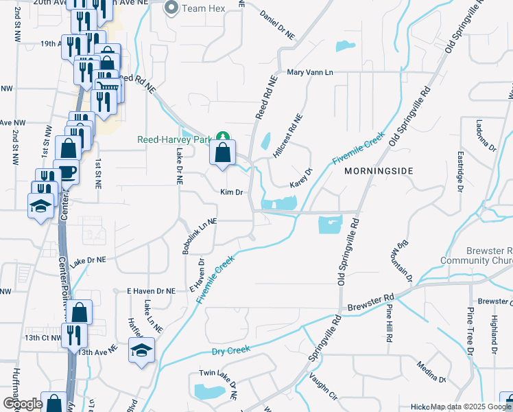 map of restaurants, bars, coffee shops, grocery stores, and more near 435 Polly Reed Road Northeast in Center Point