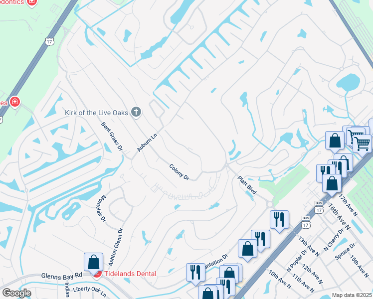 map of restaurants, bars, coffee shops, grocery stores, and more near 1831 Fairway Ridge Drive in Surfside Beach