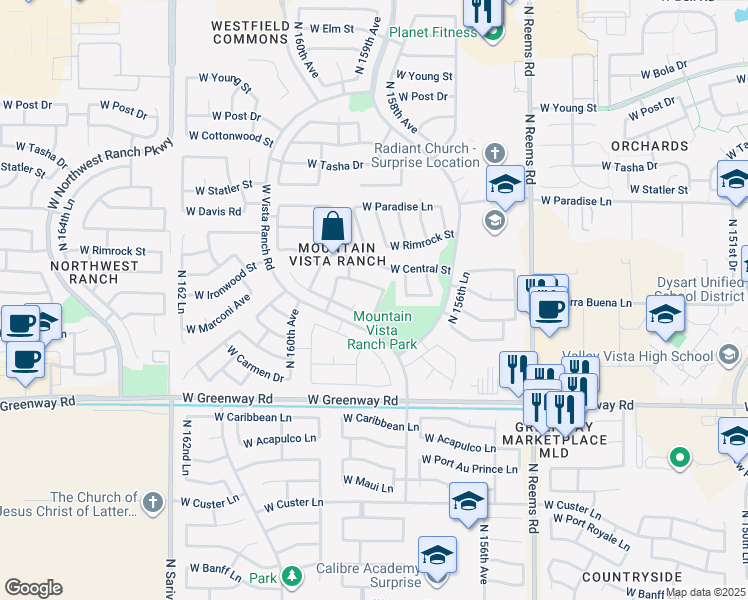 map of restaurants, bars, coffee shops, grocery stores, and more near 15820 West Ironwood Street in Surprise
