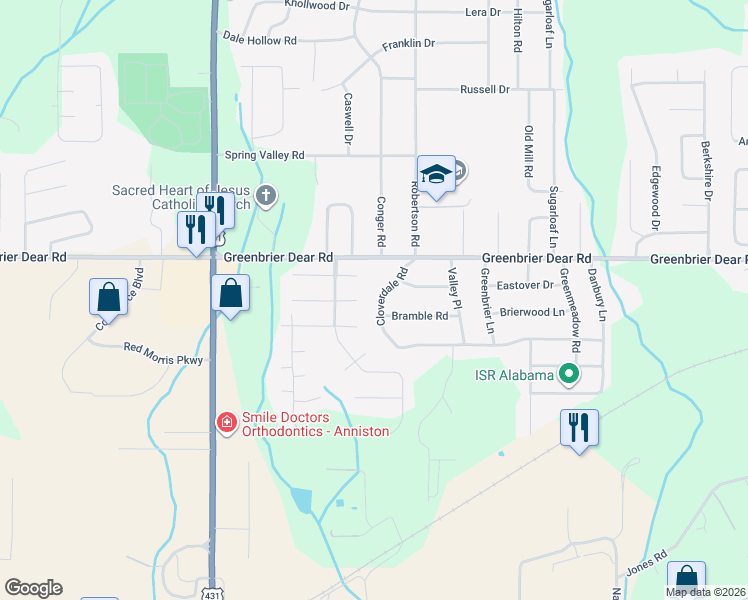 map of restaurants, bars, coffee shops, grocery stores, and more near 1504 Cloverdale Road in Anniston