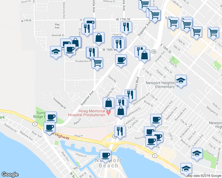 map of restaurants, bars, coffee shops, grocery stores, and more near 4201 Hilaria Way in Newport Beach