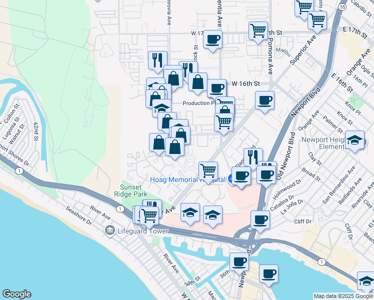 map of restaurants, bars, coffee shops, grocery stores, and more near 4 Nautical Mile Drive in Newport Beach