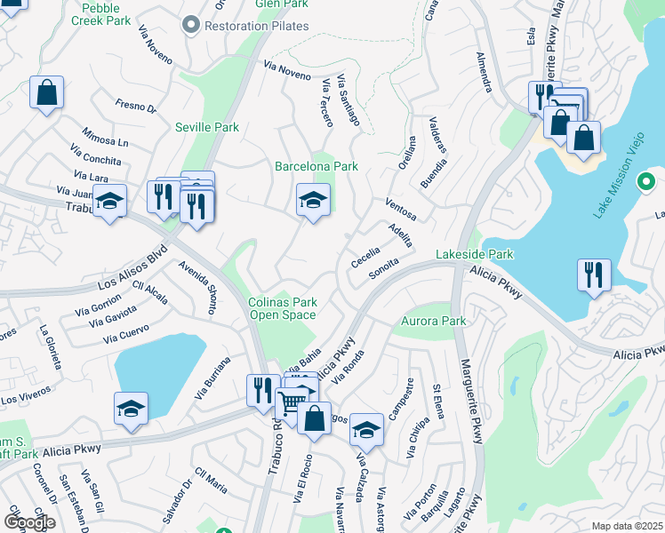 map of restaurants, bars, coffee shops, grocery stores, and more near 27101 Via San Diego in Mission Viejo