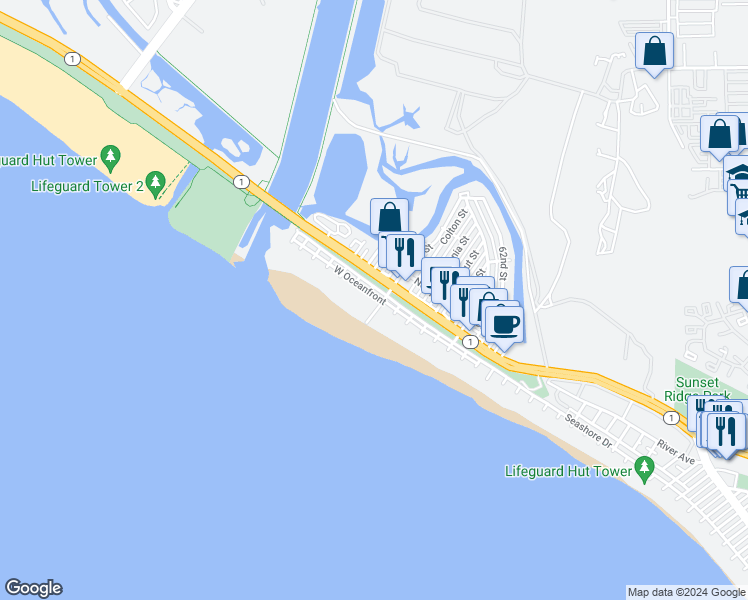 map of restaurants, bars, coffee shops, grocery stores, and more near 6804 West Oceanfront in Newport Beach
