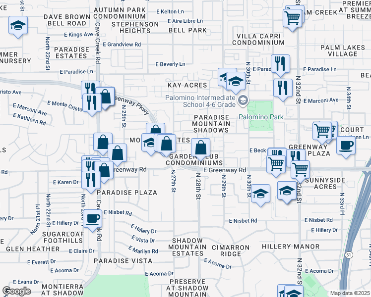 map of restaurants, bars, coffee shops, grocery stores, and more near 15601 North 27th Street in Phoenix