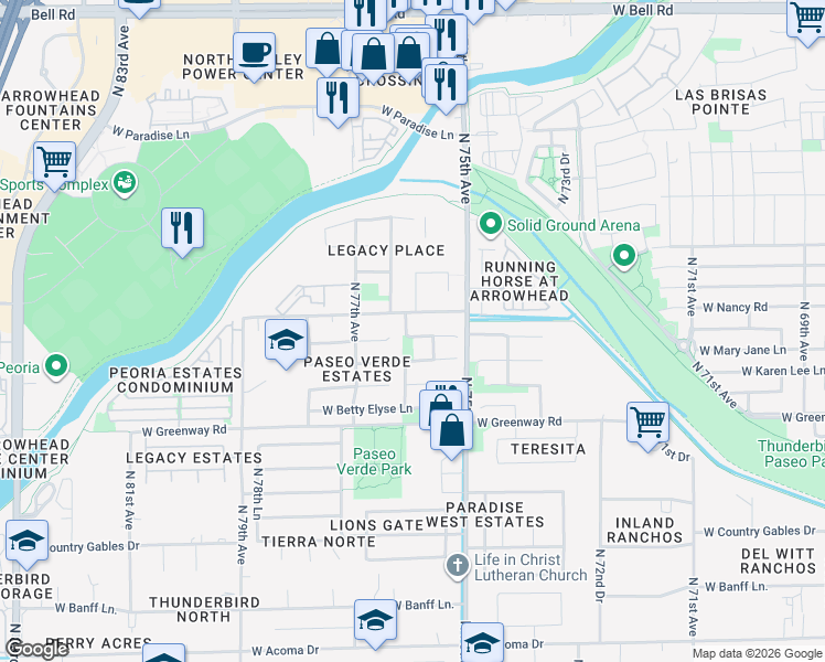 map of restaurants, bars, coffee shops, grocery stores, and more near 15821 North 76th Lane in Peoria