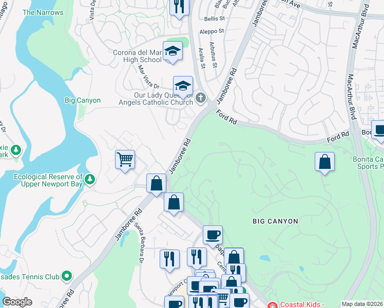 map of restaurants, bars, coffee shops, grocery stores, and more near 1850 Jamboree Road in Newport Beach