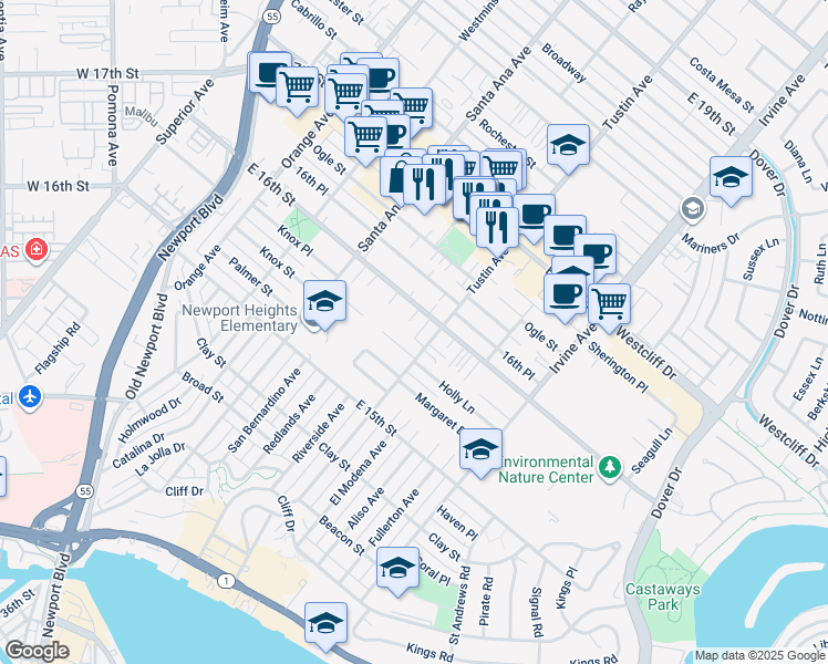 map of restaurants, bars, coffee shops, grocery stores, and more near 1588 Redlands Place in Costa Mesa