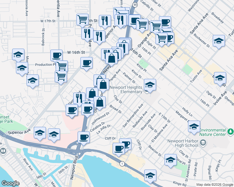 map of restaurants, bars, coffee shops, grocery stores, and more near 510 Bolsa Avenue in Newport Beach