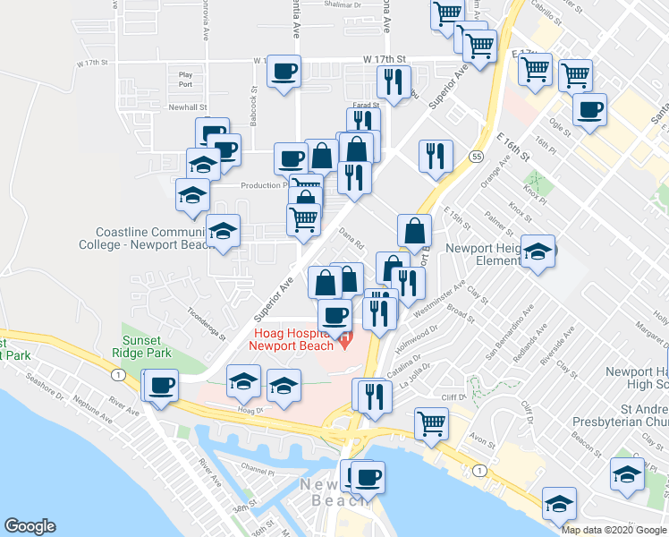 map of restaurants, bars, coffee shops, grocery stores, and more near 4300 Hilaria Way in Newport Beach