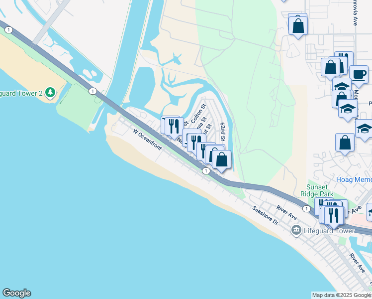 map of restaurants, bars, coffee shops, grocery stores, and more near 222 Colton Street in Newport Beach