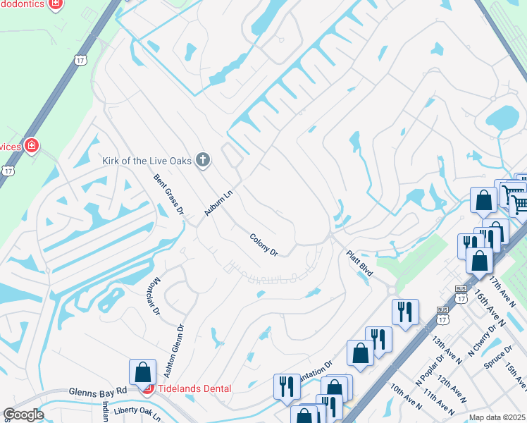 map of restaurants, bars, coffee shops, grocery stores, and more near 1850 Fairway Ridge Drive in Myrtle Beach